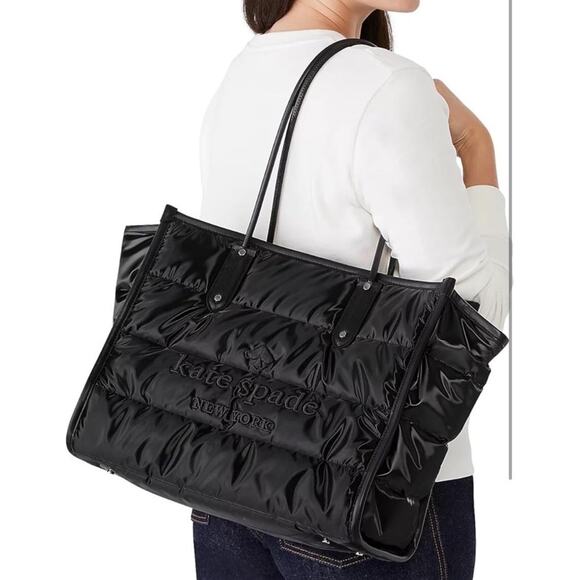 NEW Kate Spade Ella Puffy Black XL Tote Bag Nylon Leather Trim Travel Work Zip - Picture 2 of 9